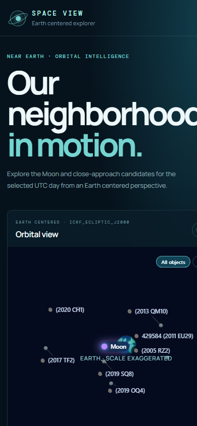 Space View on mobile: the Earth-centred orbital view.