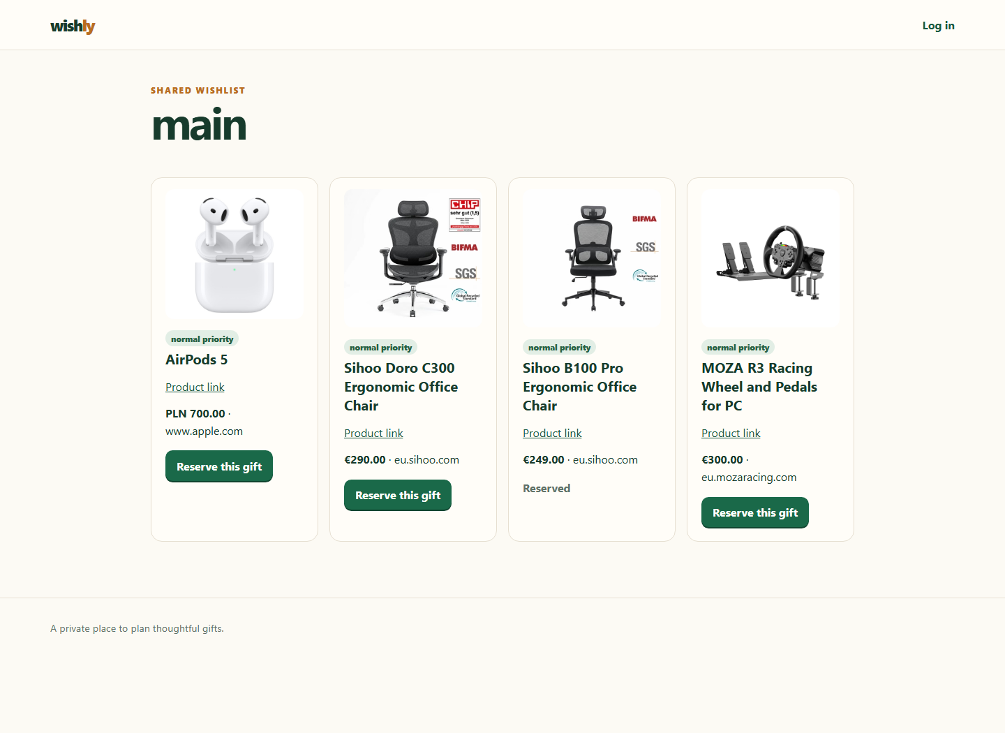 A shared Wishly list on desktop, showing several gift ideas, prices, shops, and reservation states.